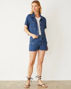 MONROW Soft Denim Short Sleeve Shirt MEDIUMWASH New